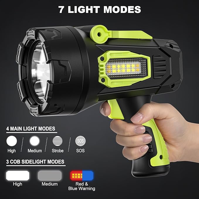 Rechargeable Spotlight, 99000 Lumens Super Bright Led Spotlights Flashlight with Cob Light, 10000ɱAh Spot Lights, Handheld Spotlight for Hunting Boating Outdoor, Long Runtime