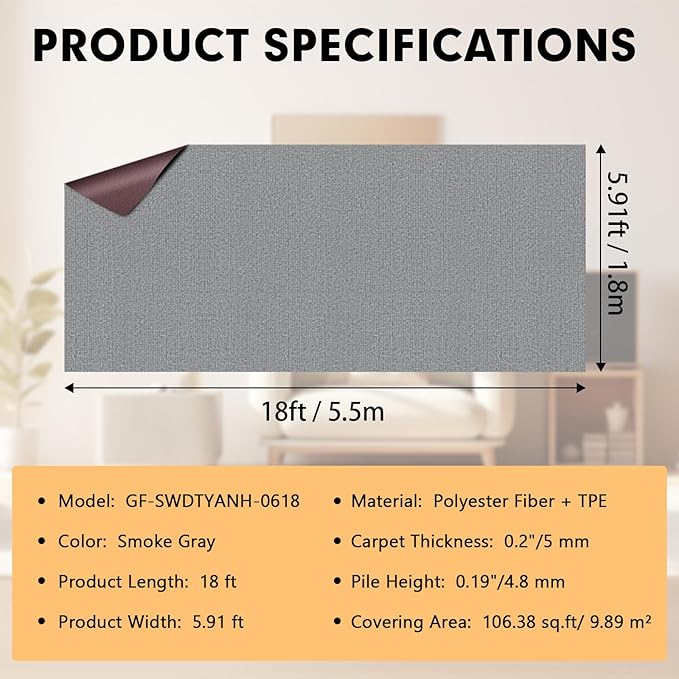 Marine Carpet,6 FT x 18 FT Smoke Gray Indoor Outdoor Carpet 0.2" Thick Boat Carpet with Water-Proof TPE Backing, Non-Slide Outdoor Marine Carpet Roll for Home, Patio, Porch, Deck
