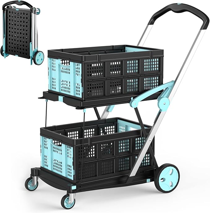 Foldable Shopping Cart, 200 lbs Capacity Grocery Cart on Wheels with Two Collapsible Crate Heavy Duty Collapsible Carts with Foot Brake for Groceries, Office, Warehouse and Supermarket