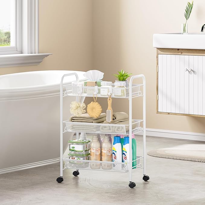 Metal Rolling Utility Cart, 3-Tier Mesh Wire Storage Trolley with Easy Assembly, Organizer Craft Cart 3 Hooks, Mobile Shelving Unit for Kitchen, Bathroom, Laundry Room, and Home