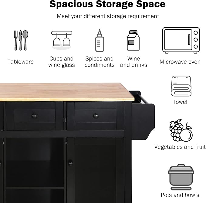 Yayzy Rolling Kitchen Island with 2 Bar Stools, Drop Leaf, Cabinet Door Storage Racks & 3 Drawers, Mobile Kitchen Cart with Rubberwood Top & Locking Wheels for Dining Room & Kitchen, 53-Inch, Black