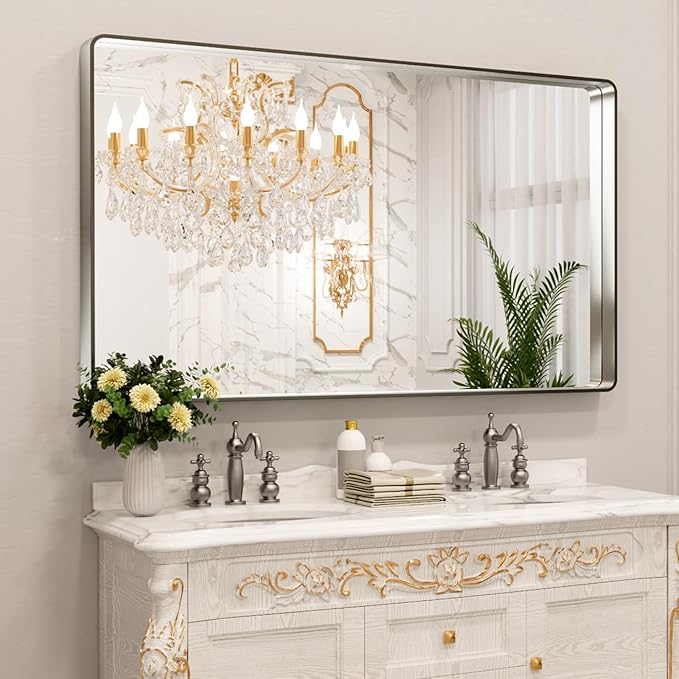LOAAO 60X30 Inch Brushed Nickel Bathroom Mirror, Rounded Rectangle Silver Metal Frame Mirror, Brushed Nickel, Anti-Rust, Shatter Proof, Hangs Horizontally or Vertically