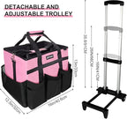Large Rolling Cleaning Caddy Bag with Wheels, with Detachable Trolley, Cleaning Bags on Wheels for Housekeepers, Cleaning Cart Supplies Organizer for Home, Car, Picnic (Pink)