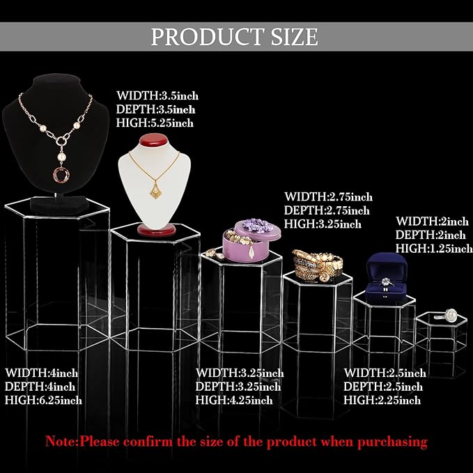 Jetec Hexagonal Jewelry Display Risers Hexagonal Market Display Risers Stands Acrylic Showcase Acrylic Stand for Jewelry Model Figures Decoration, 6 Sizes(Clear,12 Pieces)