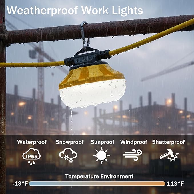 50FT LED Construction String Lights, 5 Bulbs Waterproof Linkable Industrial String Work Lights & Hooks, 5000K Daylight Temporary Lighting for Jobsite Attic Cralspace