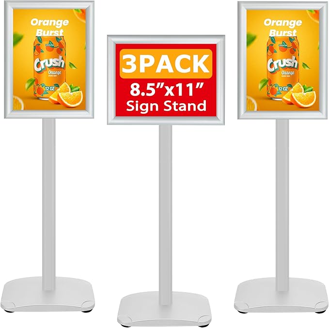 3 Pack Heavy Duty Standing Sign Holder 8.5x11 Inch - Pedestal Floor Sign Stand with Weighted Base - Vertical & Horizontal Poster/Menu Display Stands for Indoor/Outdoor Advertising, Silver