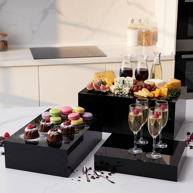 3 Pack Extra Large Acrylic Buffet Risers - 14”, 12”, 10” Black Display Stands with Hollow Bottoms, Cube Riser Boxes Nesting for Dessert Food Catering Buffet Display Party Supplies