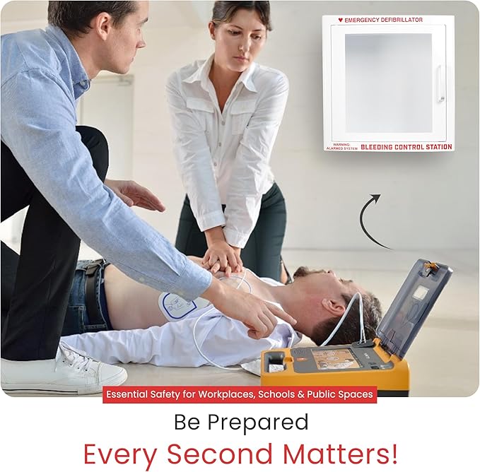 AED Defibrillator Wall Mounted Cabinet with Bleeding Control Kit Storage, 20-Gauge Steel, Large 17.4x17.3x6.9 Inch, Durable Metal Cabinet with Clear Window & Door Activated Alarm–Fits All AED Brands