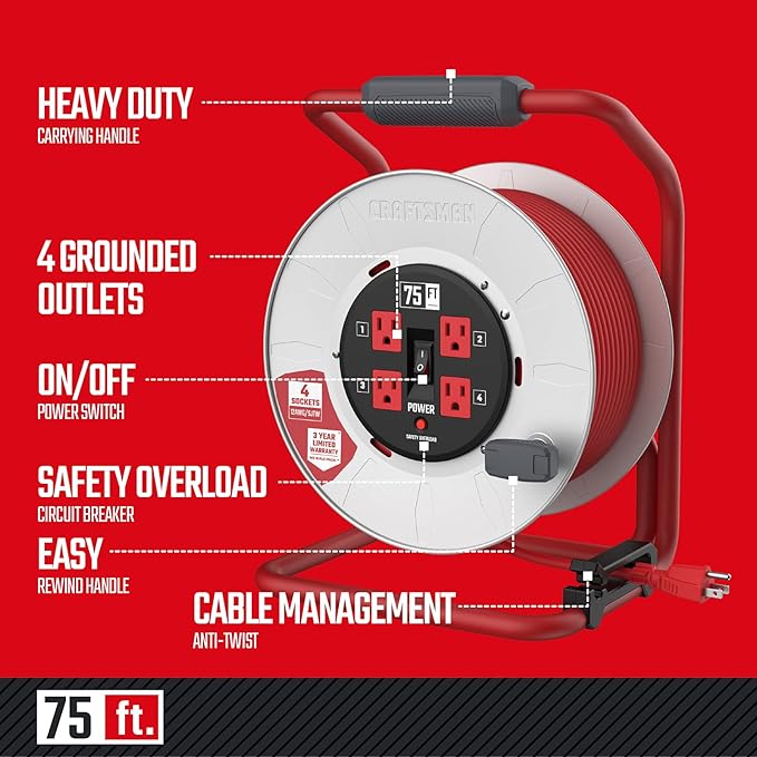CRAFTSMAN 75 Ft. Contractor Retractable Extension Cord Reel with 4 Grounded Outlets, Heavy-Duty Steel Drum, 12AWG SJTW Cable, CSA Certified