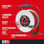 CRAFTSMAN 75 Ft. Contractor Retractable Extension Cord Reel with 4 Grounded Outlets, Heavy-Duty Steel Drum, 12AWG SJTW Cable, CSA Certified