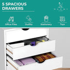 Naomi Home Taylor 5 Drawer Chest, Wood Storage Dresser Cabinet with Wheels, Craft Storage Organization, Makeup Drawer Unit for Closet, Office File Cabinet 180 lbs Total Capacity - White