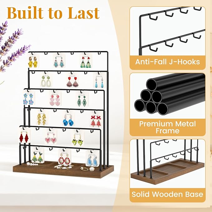 EsLuker.ly Earring Card Display Stand for Vendors Events Selling, Earring Holder Rack Metal 6 Tier 36 Hooks with Wooden Base, Large Capacity Showcase Your Jewelry at Any Event, Black