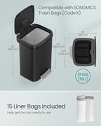 SONGMICS Kitchen Trash Can, 13 Gallon (50 L) Stainless Steel Garbage Can, with Stay-Open Lid and Step-on Pedal, Soft Closure, Tall, Large and Space-Saving, Black ULTB530B50