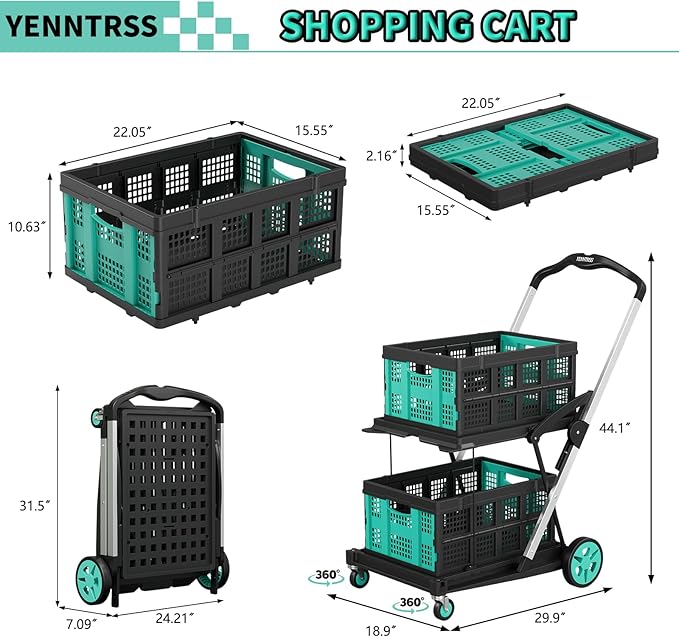 Collapsible Shopping Cart with 2 Storage Crates, Multi Use 2-Tier Grocery Carts on Wheels, 350 LBS Capacity Portable Foldable Shopping Cart for Groceries, Blue