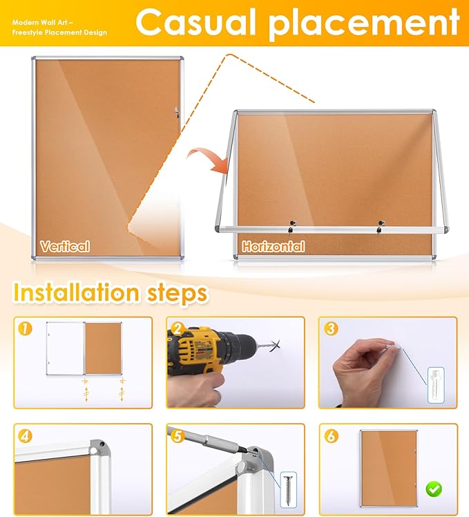 SWANCROWN Enclosed Bulletin Board 48x36 in, Tamperproof Lockable Cork Board Wall Display Case with 2 Locks for Office School Home, Aluminum Frame