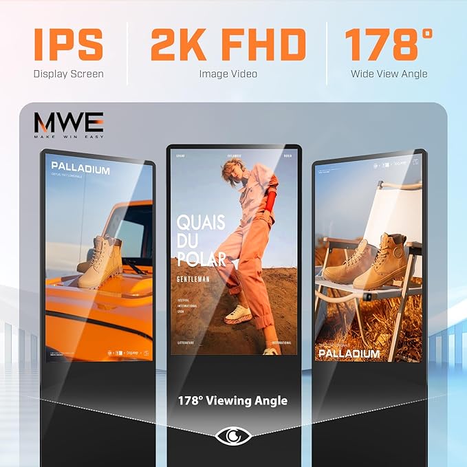 MWE 32 Inch Indoor Floor Standing Digital Signage Advertising Display Kiosk LCD Screen Commercial Totem Android System Vertical Poster with Auto Media Player