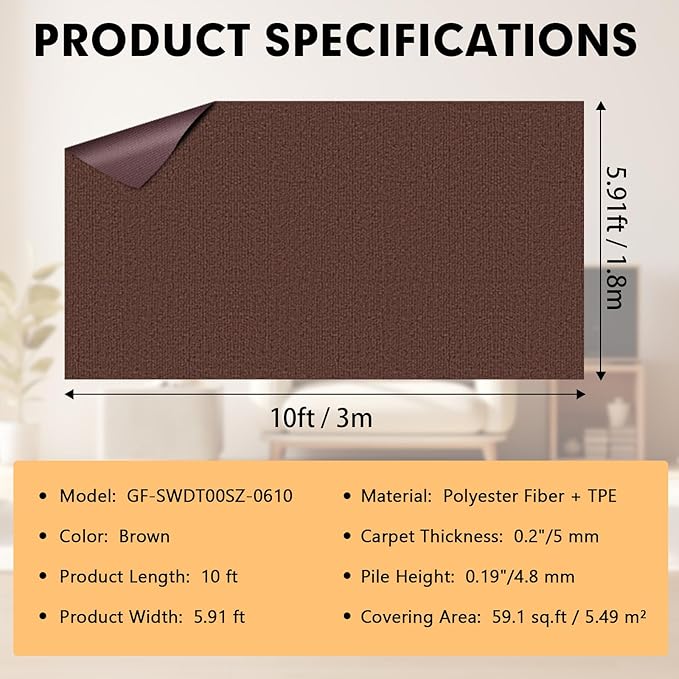 Marine Carpet, 6 FT x 10 FT Brown Indoor Outdoor Surface 0.2" Thick Boat Carpet with Water-Proof TPE Backing, Non-Slip Marine Rug for Home, Patio, Porch, Deck