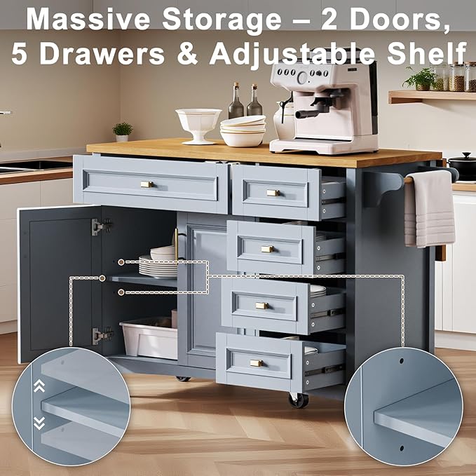 52" Retro Kitchen Island with Storage, Embossed Texture Kitchen Island on Wheels with Drop Leaf, Adjustable Shelf & Oak Veneer Tabletop, Spice/Towel Rack, Blue