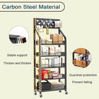 5 Tier Snack Rack Display Stand, Metal Retail Display Rack with Wheels and 15 Hooks, Snack Cart Organizer for Supermarkets Convenience Stores Home Kitchens