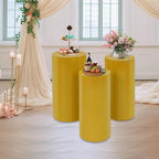 OUKANING 3 PCS Metal Display Pedestal Stands, Cylinder Gold Display Stands Pillars, Decoration Cube Sculpture Display Column for Wedding Party Baby Shower Birthday, H27.56'', 26'', 23.62''