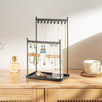 Jewelry Tower Necklace Holder Organizer – 3-Tier Jewelry Display Rack with Storage Tray – Holds 22 Pairs of Earrings, Bracelets, Rings, Necklaces – Gift for Girls & Women, Black
