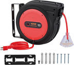 VEVOR 80FT Retractable Extension Cord Reel, 12AWG/3C SJTOW Heavy Duty Power Cord w/Lighted Electrical Triple Tap Outlets, 15A Circuit Breaker,180° Swivel Bracket for Workshop or Garage, Red