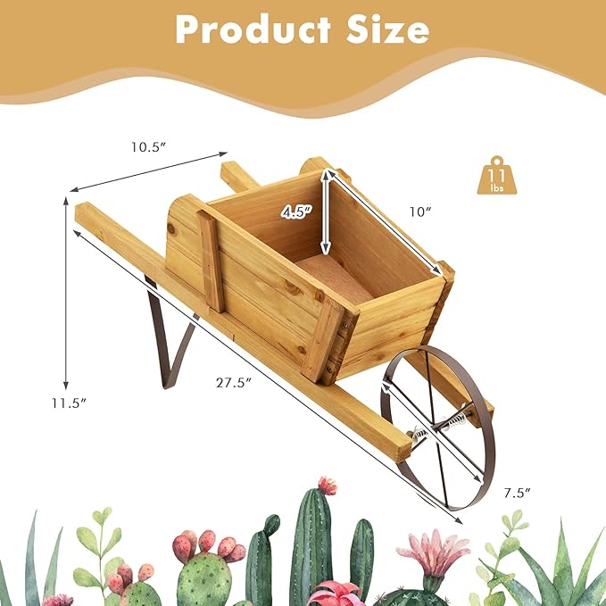 Wooden Wagon Planter, Flower Cart Display Stand w/Metal Wheels & Removable Magnetic Decoration, Wagon Decorative Garden Planter for Plants & Seasonal Displays, Pine Wood (Brown)
