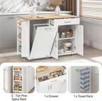 53.9" Rolling Kitchen Island Cart with Drop Leaf & Storage - Mobile Kitchen Organizer with Wheels, Rubberwood Top, Trash Bin Cabinet & Towel Rack, White Farmhouse Style for Small Spaces