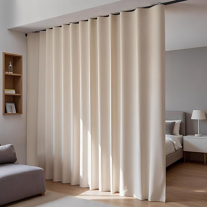 Room Divider Blackout Curtains Flexible Sliding Tracks Sets Ceiling Mounted Rod Window Curtain Privacy Separation for Bedroom Living Rooms,1 Panel Beige Drape and Black Track Set-W180xH72 in