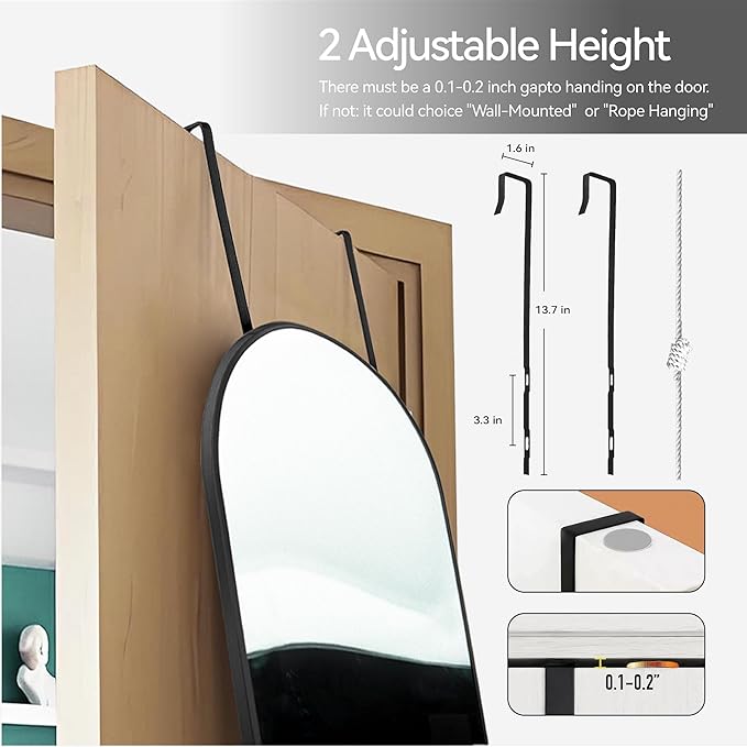 57x20 Door Hanging Full Length Mirror, Floor (Height 5.7ft just Body in1.3ft) Wall Mounted Metal Frame Arch Dressing Mirrors for Bedroom Bathroom Living Room 57 inch Black