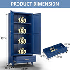 Metal Storage Cabinet,75" Tall Kitchen Pantry Storage Cabinet with Doors and Adjustable Shelves, Blue Metal Pantry Cabinets with Drawer, Large Cupboard for Kitchen, Dining Living Room