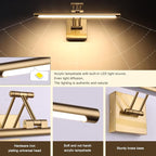 Hard-Wired Picture Light Dimmable LED Picture Lights for Paintings 15.7 Inch Brass Metal Body Wall Pictures with Adjustable Gold Swing Arm Art Display Lamps 7W 3000K Warm White Book Light