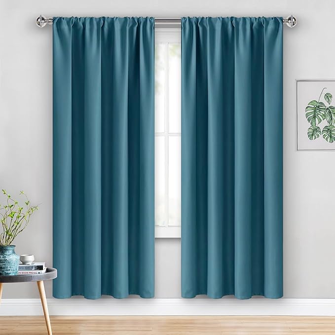 JIUZHEN Blackout Curtains for Bedroom - Thermal Insulated Room Darkening Rod Pocket Curtains for Living Room, Set of 2 Panels with Tiebacks, 52 x 72 Inch Length, Stone Blue