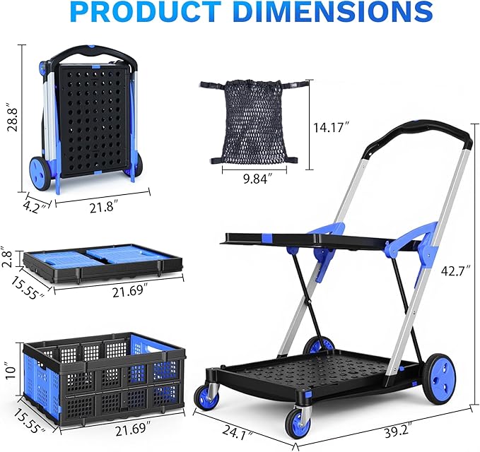 Collapsible Shopping Cart with Wheels, 2 Storage Crates & 1 Storage Bag, 200 lbs Capacity Multi Use Functional Grocery Cart, Space-Saving Design for Home/Office/Picnic