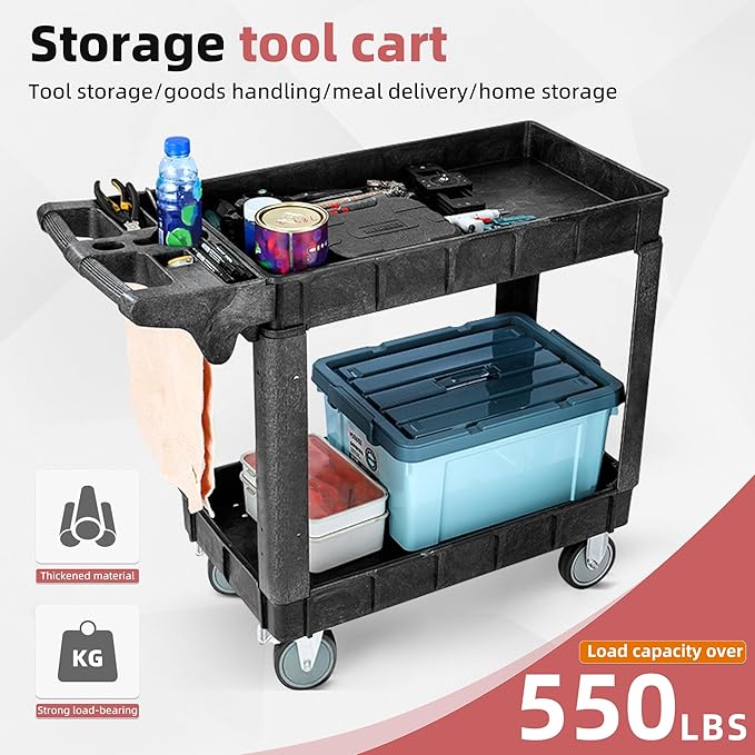 Larger 2 Tier Heavy Duty Utility Service Cart, 550 Capacity Work Cart on Rolling Utility Service Cart for Garden Garage Maintence Transporting (2 Tier, Large)