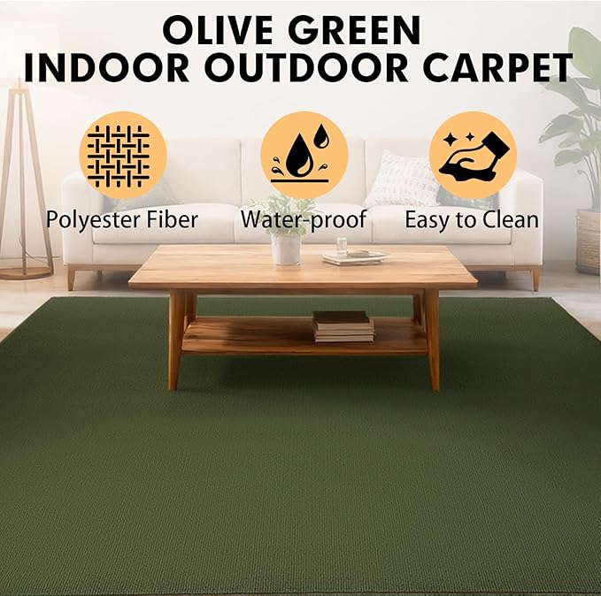 Marine Carpet,5 FT x 15 FT Olive Green Indoor Outdoor Carpet 0.2" Thick with Water-Proof TPE Backing, Non-Slide for Home, Patio, Porch, Deck
