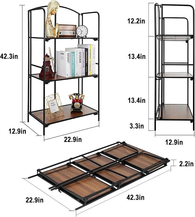 Crofy No Assembly Folding Bookshelf for Living Room, 3 Tier Black Collapsible Book Shelf for Home Office, Portable Bookcase Storage Organizer