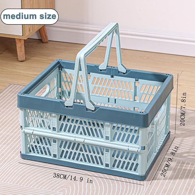 Collapsible Storage Crate with Handles, 20L Foldable Plastic Basket, Organizer Container (Light blue, M)