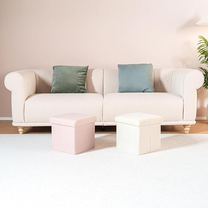 B FSOBEIIALEO Small Storage Ottoman Cube Sherpa Ottomans Foot Rest, Foldable Boucle Ottoman, Faux Teddy Fur, Cream White 12.6"x12.6"x12.6"