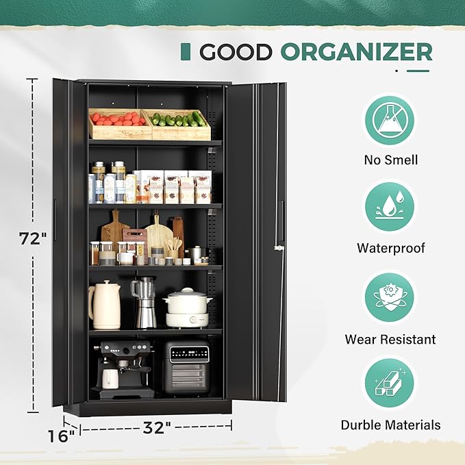 Greenvelly Metal Storage Cabinet with Lock,71" Metal Garage Cabinet with 2 Doors and 4 Adjustable Shelves,Lockable Storage Organization, Steel Tool Cabinets for Office,Home,Garage,Gym,School (Black)