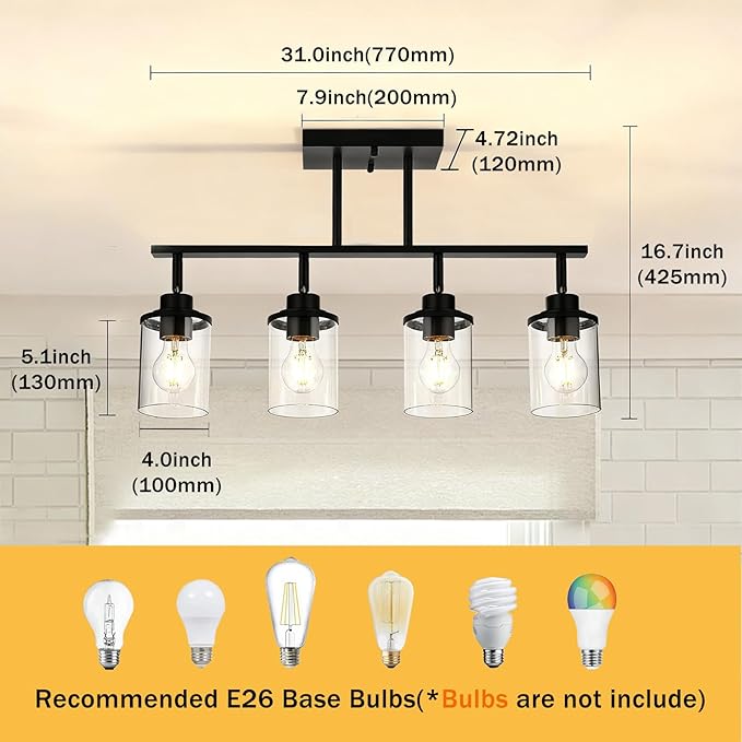 Yaohong 4-Light Black Farmhouse Track Lighting Fixtures Ceiling, Bathroom Track Lighting Kit Wall Light with Ajustable Heads, Kitchen Track Lighting Fixtures with Glass Shade for Hallway Shop