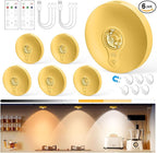 Yiliaw Rechargeable Puck Lights with Remote, 6 Pack Magnetic Under Cabinet Lighting, 1500mAh Battery Operated LED Tap Lights with Dimmer & Timmer for Kitchen, Closet, Shelf - 3 Color Temps, Gold