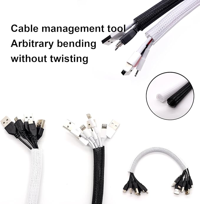 50ft - 1/2 Inch Heavy-Duty Braided Cable Sleeve, Split Wire Loom Tubing Cord Protector for USB/Power/Audio Cables - Flame Retardant, Pet Chew Proof - Black
