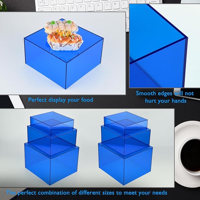 6Pcs Blue Buffet Risers Acrylic Boxes Display Risers Food Risers for Buffet Table Display Riser for Platter Parties Weddings Catering Dessert Collectibles Figures Show ( 6''x7''x8'')
