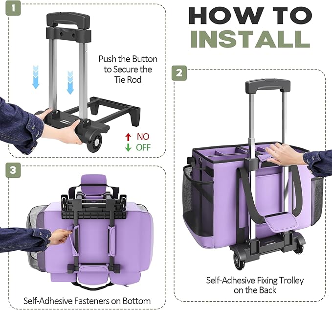Rolling Cleaning Caddy Bag with Detachable Trolley, Cleaning Supplies Organizer Cart on Wheels, Cleaning Supply Caddy for Housekeepers (Purple, 11.5" Dx15.7 Wx13 H)
