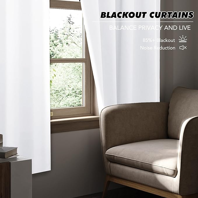 KGORGE Bedroom Curtains 2 Panel Sets, Room Darkening Thermal Insulated Noise Reducing Energy Efficiency Small Window for Bedroom Living Room, Back Tab Rod Pocket, W52 x L54, White