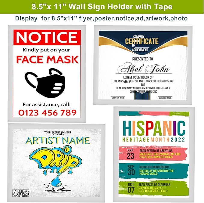8.5" x 11" Acrylic Sign Holder Wall Mount, Self Adhesive Wall Sign Holder,Clear Plexiglass Sign Holder Window/Door Sign Holder,No Drilling,Silver 6 pack