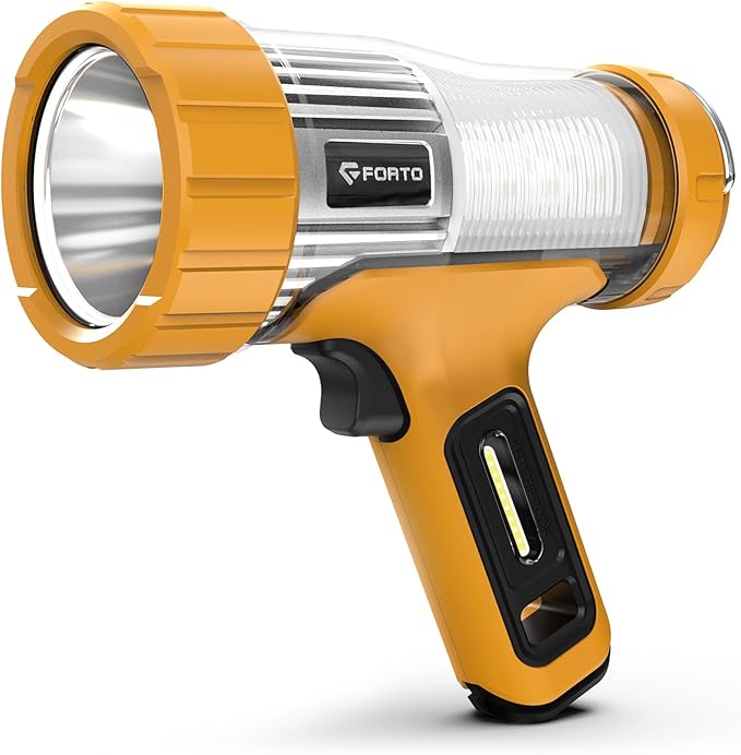 FORTO 3000 Lumens Handheld Spotlight, 1400 Ft Long Range LED Spot Light with 120H Runtime, IPX8 Waterproof Rechargeable Outdoor Flashlight for Camping, Hiking, Emergency, Searchlight (Yellow-Plus)