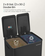 SONGMICS Trash Can, 2 x 8 Gallon (2 x 30 L) Dual-Compartment Garbage Can with Soft-Close Lid, Pedal and Inner Buckets, Stainless Steel, Includes 15 Liner Bags, Ink Black ULTB741B01