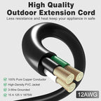 2FT 2 Pack 12 Gauge 3 Outlet Outdoor Extension Cord 12/3 Heavy Duty SJTW Power Cord 3 Way Waterproof Power Cable 3 Prong Grounded 12AWG 15Amp 1875W ETL Listed